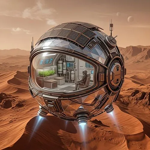 a futuristic spherical capsule designed as a self-sustaining, airborne home in Mars. The design is sleek, futuristic, and inspired by astronaut gear, covered with reflective crystal. The capsule is in