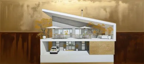 a painting with a house in the background,prefab,snow roof,frame house,smart home,chalet,modern house