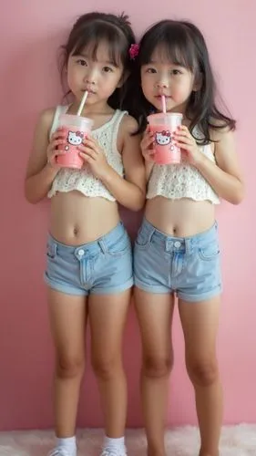 two little girls standing up drinking a pink cup,drinking yoghurt,soft ice cream cups,milkmaids,little girls,bellies,nieces,yogurt,milkshake,pink double,coconut drinks,tummies,children girls,milkshake