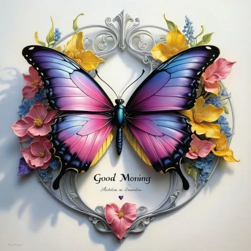A stunning 3D  illustration  "Good Morning" featuring a polished, elegant font in a captivating color palette of pink, blue, yellow, black, and metallic white. The name is artfully adorned with a smal