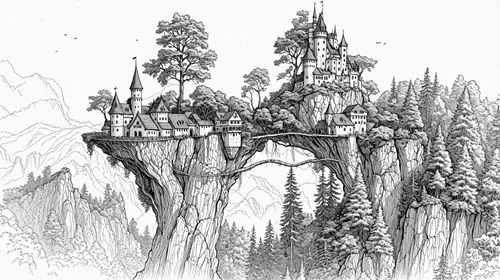 rivendell,gondolin,treehouses,mirkwood,mountain settlement,tirith,skylands,riftwar,syberia,house in the forest,spires,cartoon forest,elves country,capilano,fairy tale castle,elven forest,treehouse,rui