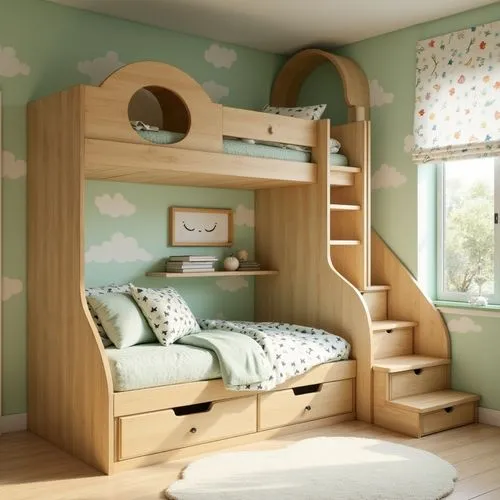 A cozy and whimsical children’s bedroom featuring a built-in bunk bed structure crafted from natural light wood with smooth finishes, the lower bed has a soft green and cream color palette with beddin