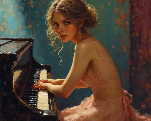 nude series with her “Theatrical.”б piano, teatr, scene, public,a painting of a girl in a dress playing a piano,pianist,piano player,cute girl playing piano,piano,pianoforte,concerto for piano,piano l