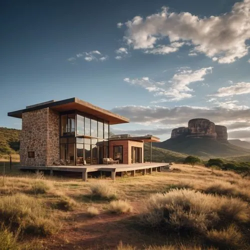 Casa de dois andares em estilo industrial, localizada em uma planície aberta próxima a uma montanha. A estrutura possui elementos típicos do estilo industrial, como tijolos aparentes, grandes janelas 