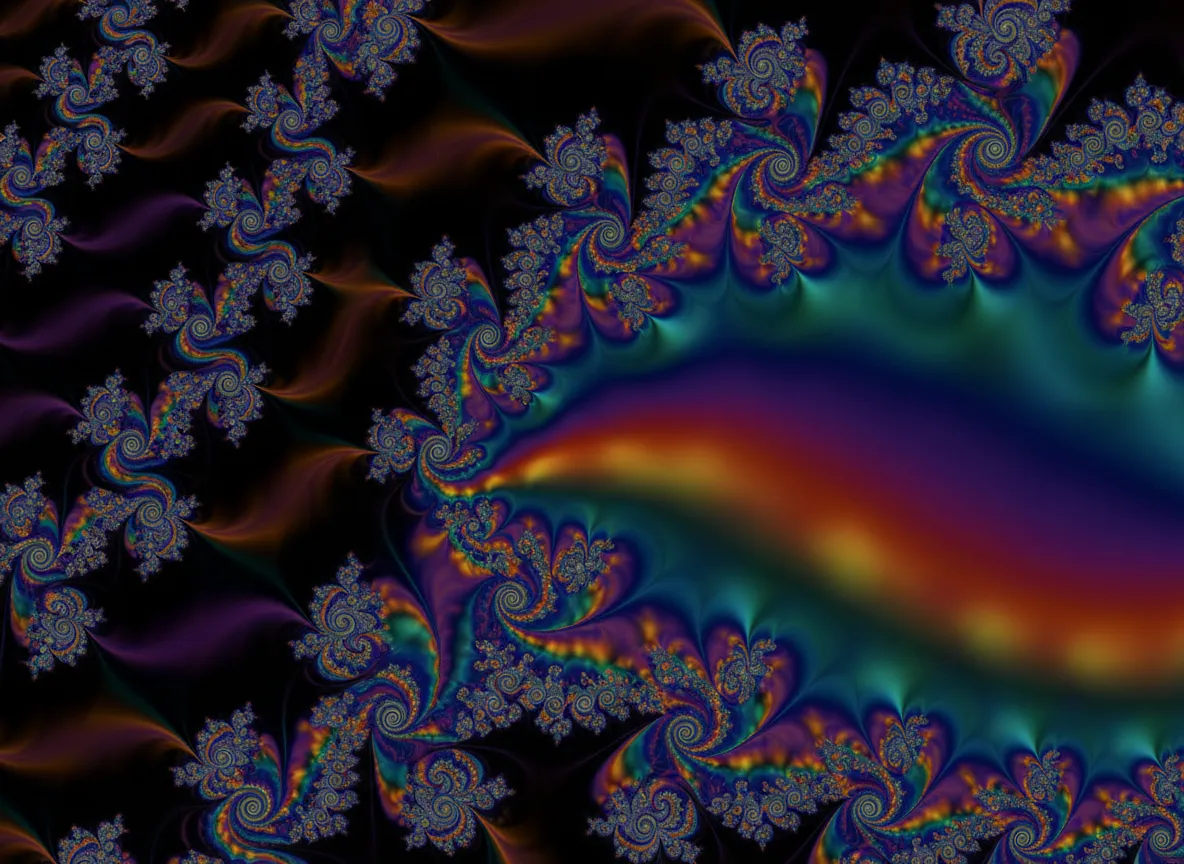 Mandelbrot फ्रैक्टल का एक क्लोज-अप दृश्य, जो इसके स्व-दोहराए जाने वाले पैटर्न और अविश्वसनीय स्तर के विवरण को दिखाता है जो बड़े प्रिंट के लिए उपयुक्त है।