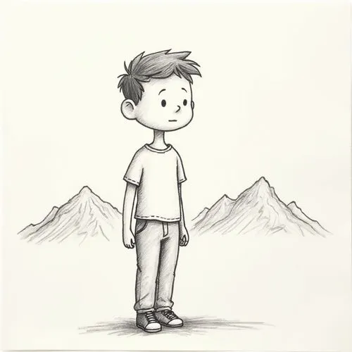"A hand-drawn cartoon-style full-body character standing in front of distant mountains. The character is a young male, with a slightly oversized head and simplified anatomy typical of childlike art. H