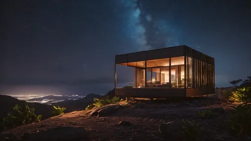 warm tropical architecture minimalist steel cabin in top of a mountain with the stars of the night timelapse, high quality, 8k