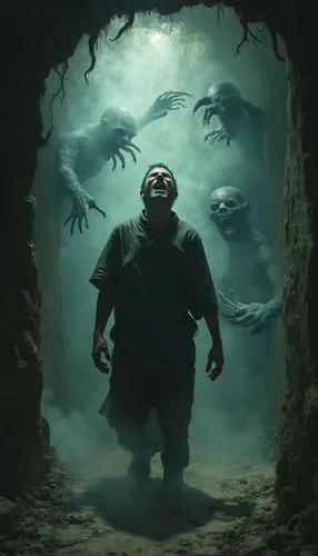The traveler screaming as ghostly apparitions emerge from the walls of the haunted house. Their forms are translucent and grotesque, reaching out toward him. Dramatic lighting highlights his terrified