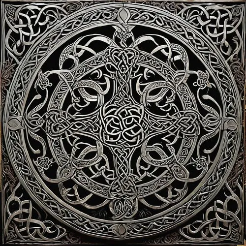 Celtic knotwork, intricate patterns, interconnected spirals, ornate details, ancient symbols, mystical aura, mysterious atmosphere, dimly lit chamber, stone walls, medieval setting, rich textiles, emb