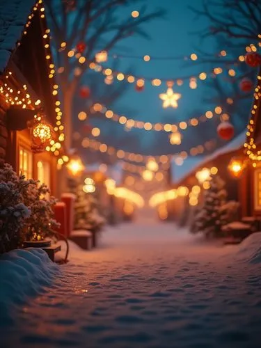 A traditional Christmas wallpaper featuring fairy lights, styled with pastel tones tones, evoking a festive and cheerful atmosphere.,an alley with christmas lights on the trees,christmas snowy backgro