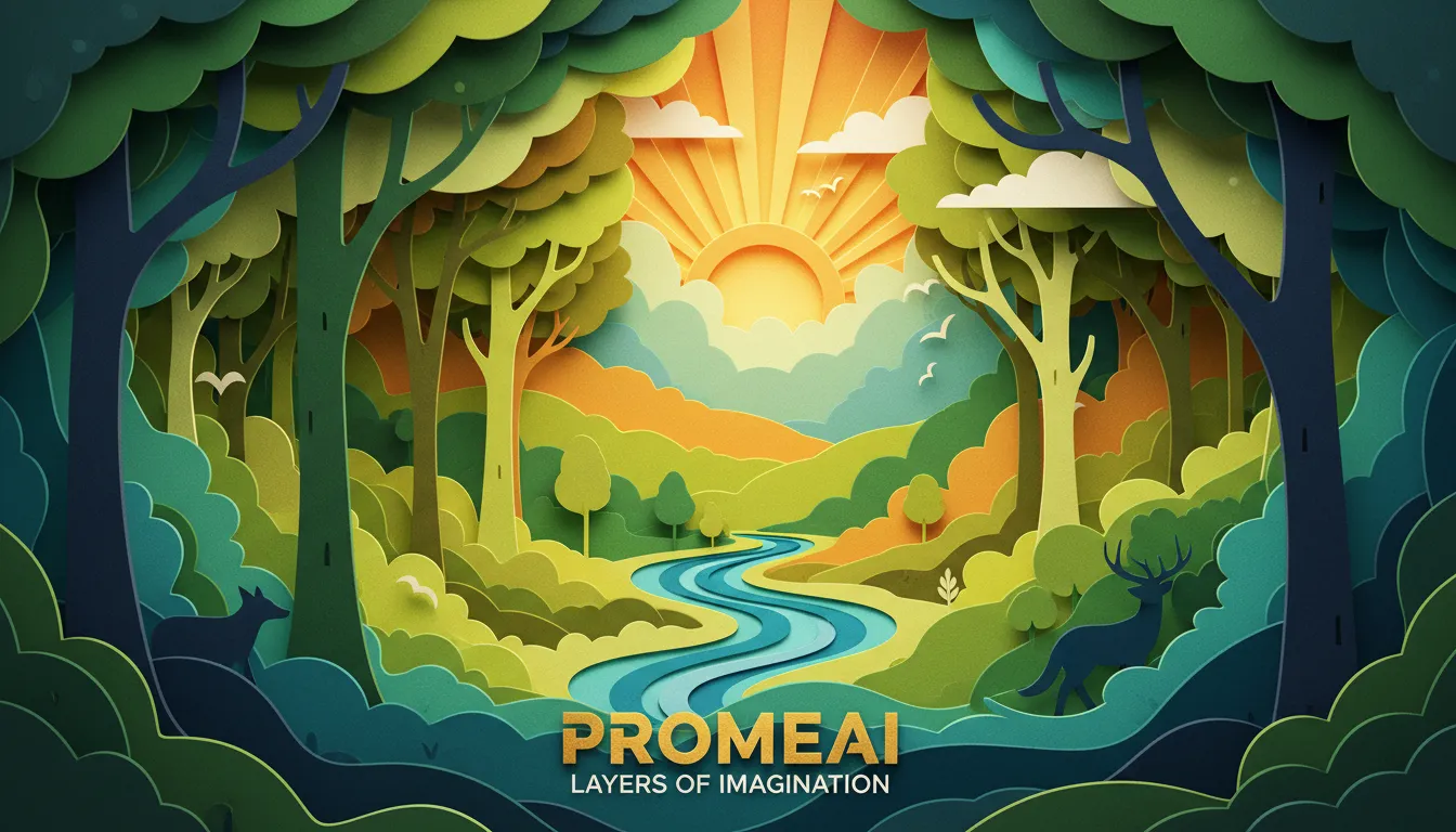 Un poster molto dettagliato creato con PromeAI, che mostra una scena di foresta in un vivace stile artistico di intaglio su carta a più strati.