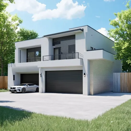 A high-quality rendering of a modern form of big, large, spacious two-story, L-shaped residential building. The house has a garage for two cars. The building is passive. ,the two story white modern ho