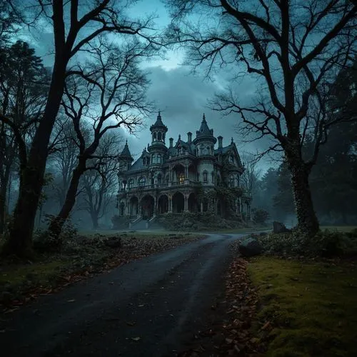 an eerie abandoned building in the forest,,ghost castle,the haunted house,haunted castle,haunted house,witch's house,creepy house,house in the forest,witch house,fairytale castle,haunted,abandoned hou