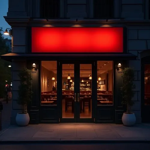 Front view of a restaurant with a horizontal red signage above the door, measuring 3 meters wide and 1 meter tall. The sign is blank, illuminated by soft ambient lights, and positioned symmetrically a