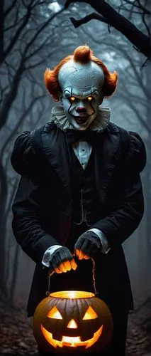 Creepy Pennywise, Jack O'Lantern, Halloween theme, glowing orange pumpkin head, sinister smile, sharp teeth, menacing eyes, worn black suit, white shirt, black bow tie, holding a lantern, misty foggy 