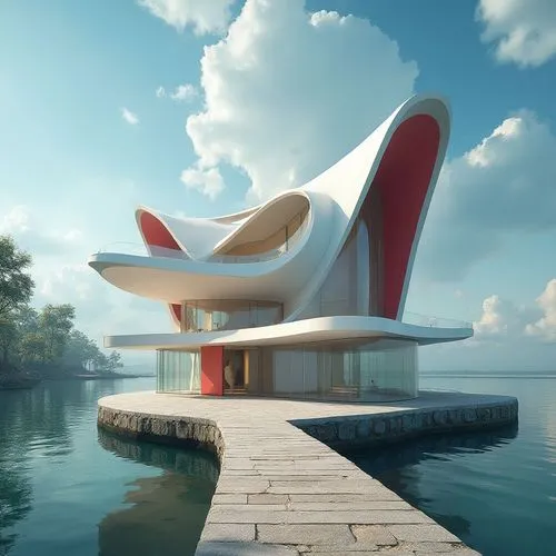 A detailed 3D render, an ethereal masterpiece of architectural marvel: An intricate white house with a red and white roof rises above a wooden platform. The blue sky, flanked by fluffy clouds, complem