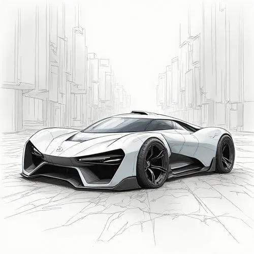 Create an intricate sketch of a futuristic hypercar in a sleek, aerodynamic design, showcasing sharp lines and a dynamic stance. The car should have distinctive features such as a prominent rear wing,