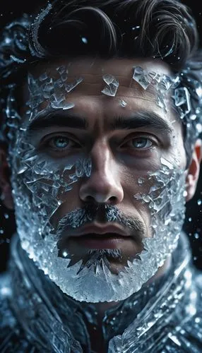 A surreal digital artwork depicting an extreme closeup of a man's face made entirely of ice, with his eyes glowing and emitting light beams from behind them. The scene is illuminated by soft white lig