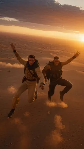 two men running in the desert during sunset,skydivers,tandem jump,skydiving,skydive,skydives,sunrise flight,tandem flight,tandem paragliding,skydiver,dune,parachuting,parachutist,parachute jumper,dare