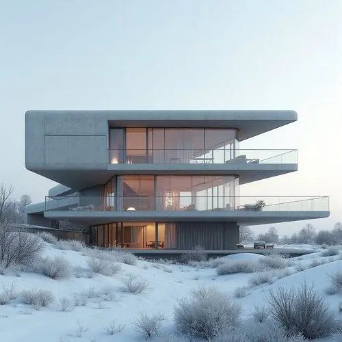 A hyper-realistic, high-resolution architectural photograph capturing a striking, multi-level contemporary home constructed primarily from smooth, exposed concrete. The design is characterized by dram