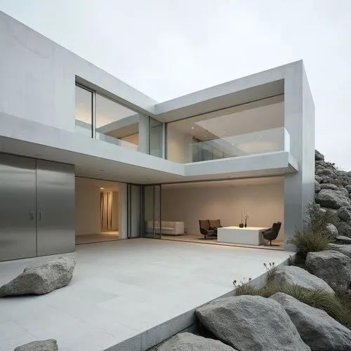,a modern house on a rocky hillside is featured,modern house,dunes house,modern architecture,cubic house,siza,cube house,glass wall,residential house,dreamhouse,chipperfield