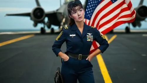 АЭРОДРОМ АВИАНОСЦА ПИЛОТ АМЕРИКАНСКИЙ ФЛАГ,a military lady standing in front of an airplane,servicewoman,airman,blue angels,ammo,policewoman,navy,call sign,servicewomen,airmen,deputed,us navy,poppycoc