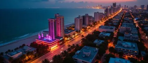 miami beach,a night view of the sea and city skyline from above,south beach,night view of red rose,panama,night view,hotel riviera,city at night,outrun,blue hour,night lights,business district,sky cit