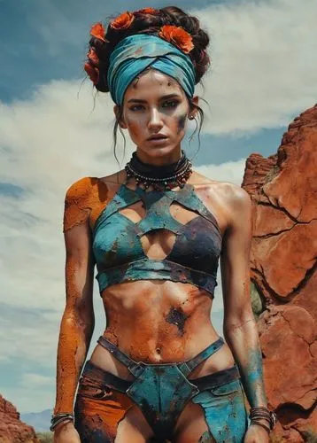 A beautiful, stunning mixed media figure realistic photo using different texture, collage, fabric, powertex, acrylic paint. oil pastels, modeling paste, rust paint, mud, over skin covered. captivating