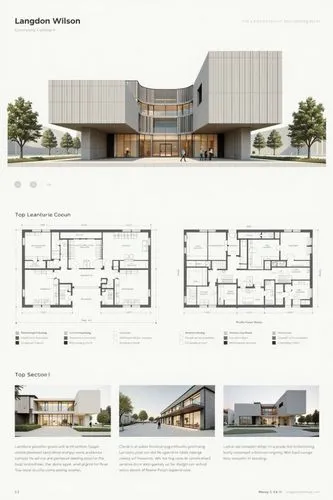 A professional architectural presentation board with a Pure background and a clean, minimalist design layout. The board includes:

Top Section: On the top left, a photorealistic render of a contempora