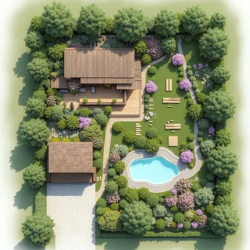 the general plan of the site with a rectangular house on a wooden terrace on the left, a garage at the bottom on the entrance on the right, a wooden bathhouse, an alpine slide and hydrangea bushes, a 