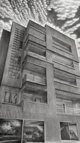 a drawing of a tall building,multistory,pinhole,phlegm,apartment block,office block,lofts,stereoscopic,warehoused,dilapidation,building,warehouses,corrugated,warehousing,facade painting,overdeveloped,
