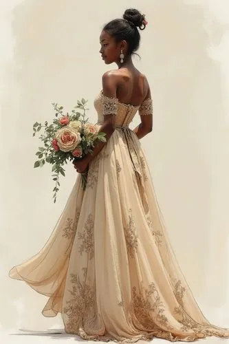 offer me 3 sketches of wedding dresses inspired by traditional Ethiopian and modern French outfits
,a woman in a long dress holding a bouquet of flowers,wedding dresses,bridal gown,bridal dress,tian