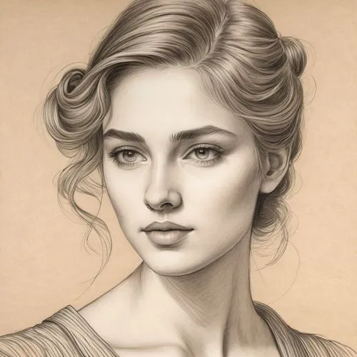 A highly detailed, realistic pencil or charcoal drawing on a warm beige paper background, depicting a youthful, elegant young woman in a classic portrait style, rendered with fine lines, cross-hatchin