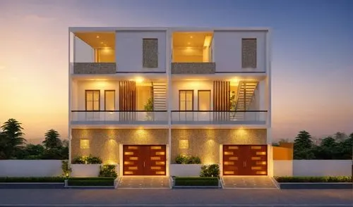 two same elevation adjacent to each other, add profile lights in yellow and orange color, use realistic materials, jaali railing, glass railing on first floor,
use adequate lighting,textured materials