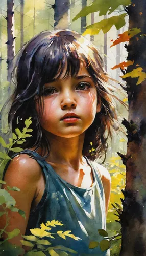 a girl in Forest，by Dean Crouser,girl with tree,little girl in wind,oil painting on canvas,oil painting,girl in the garden,world digital painting,painting technique,art painting,young girl,girl pickin