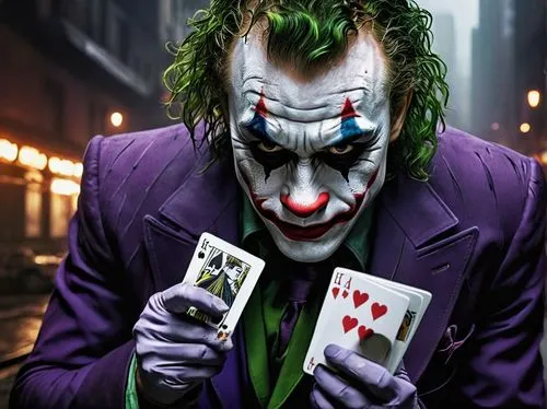 Heath Ledger Joker, Clown Prince of Crime, purple suit, green hair, white face paint, red lips, evil grin, menacing eyes, Gotham City, night scene, dark alleys, dim lighting, foggy atmosphere, broken 