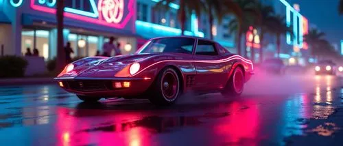 miami beach,cyberpunk car,girls on street car racing,a classic sports car drives down the wet street,outrun,speedster,mini,corvette,in the rain,rainy,roadster 75,neon,silver rain,sports car,roadster,r