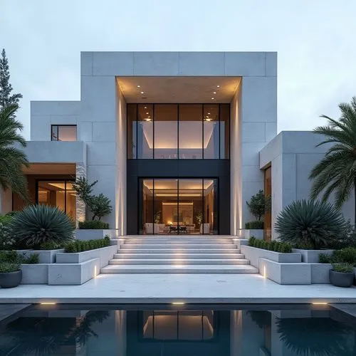 A hyper-realistic, high-resolution architectural photograph capturing a grand, ultra-modern luxury mansion at twilight. The building’s façade is composed of smooth white stone panels contrasted with s