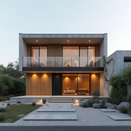 A minimalist, two-story modern home characterized by clean geometric lines and a balanced combination of materials—smooth concrete, matte black metal framing, and vertical natural wood cladding. The f