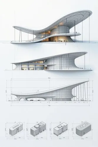 A diagram showing the process of building with each step represented by different architectural sketches and digital construction models of building structures and dimensions. The left side features t