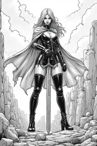 "Black and white manga-style illustration of a fierce warrior woman standing atop the ruins of a gothic cathedral, wearing glossy black thigh-high leather boots, a torn cloak blowing in the wind, and 