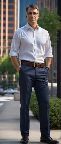 Joel Fren, mature man, 40s, strong jawline, short brown hair, gentle smile, glasses, business casual attire, white shirt, dark blue jeans, leather belt, black dress shoes, standing, confident posture,