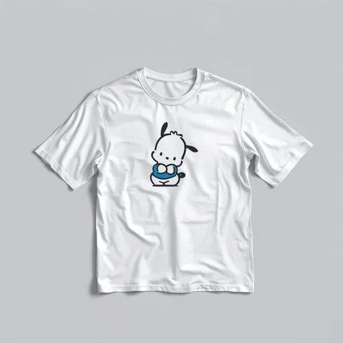 A Logo on A plain white T-shirt laid flat on a smooth light gray background. The shirt’s clean surface is fully visible with soft shadows, emphasizing its simplicity and versatility,an adorable little