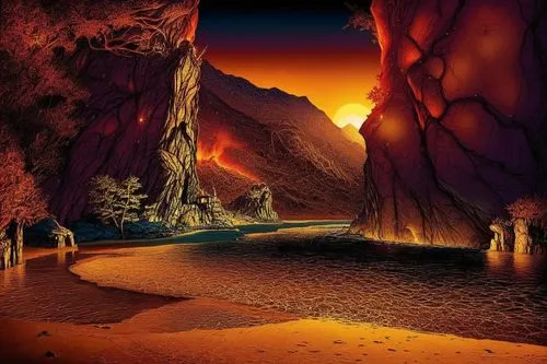 a painting of a red cave with two people walking toward it,cartoon video game background,moon valley,caverns,desert landscape,desert desert landscape,futuristic landscape,flaming mountains,cavern,fant