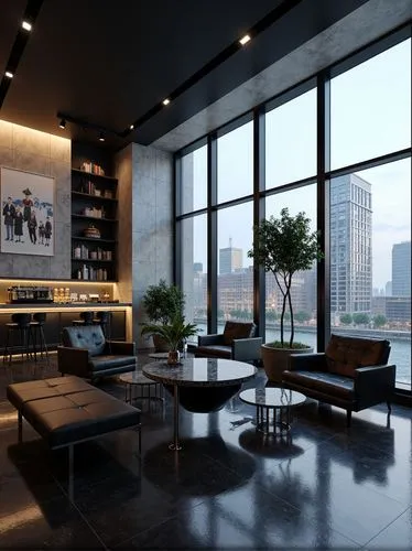 "A picture of a modern cafe in high-tech style. The interior is minimalist, using smooth, shiny surfaces and a neutral color scheme: black, gray, white and metal. Large windows with panoramic views of