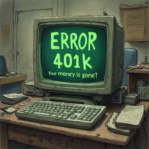 an old computer on a cluttered desk. On the screen in green computer letters written "ERROR 401k" and "Your money is gone",an old computer sits on a desk with the words error 40k,error,errors,404 erro