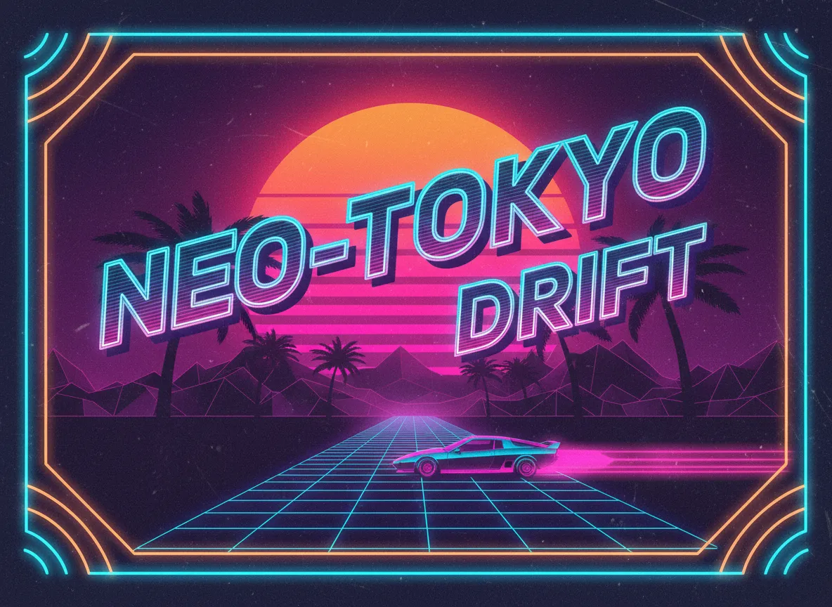 सिंथवेव शैली में बोल्ड, भविष्यवादी टाइपोग्राफी वाला एक पोस्टर, जिसमें चमकती ग्रिड लाइनें और एक रेट्रो सूर्यास्त पृष्ठभूमि है।