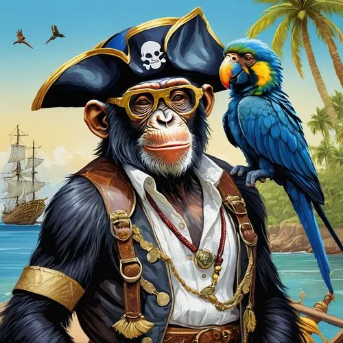 A chimpanzee in a pirate costume, wearing a camisole and a triangle hat, with glasses. A blue-yellow parrot sits on the chimpanzee's shoulder. The chimpanzee is standing on the seashore against the ba
