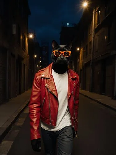 un gato oscuro con lentes de sol naranjados, chaqueta de cuero roja, camiseta blanca, va naminando por un callejón nocturno de ciudad,a cat in a red jacket and sunglasses,motorcyclist,cognac,biker,mas