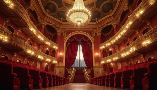 Grand opera house, plum color walls, luxurious golden trimmings, intricate Baroque architecture, crystal chandelier, red velvet curtains, ornate balconies, majestic staircase, opulent furnishings, lav